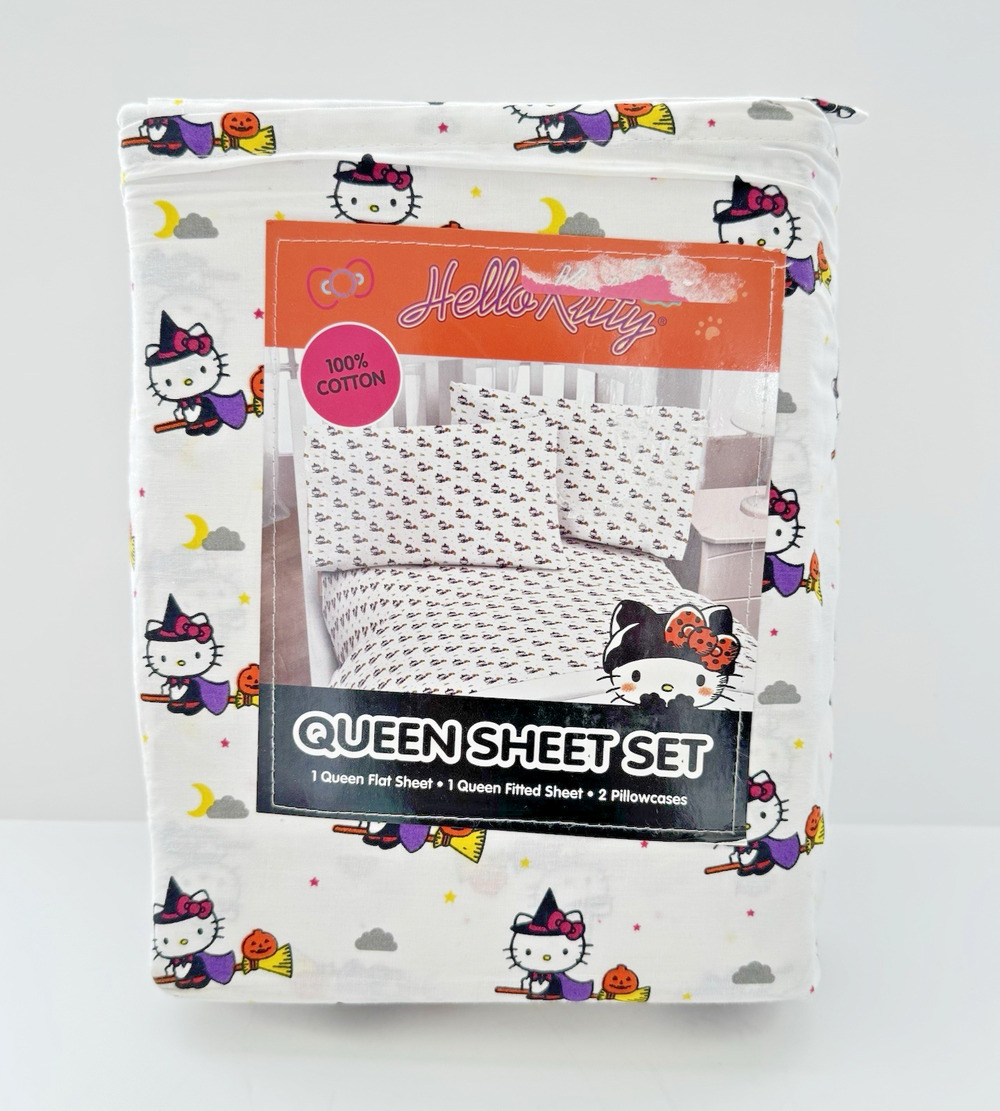 NWT Sanrio HELLO KITTY Queen Sheet Set HALLOWEEN Witch Pumpkin 4-PC Cotton